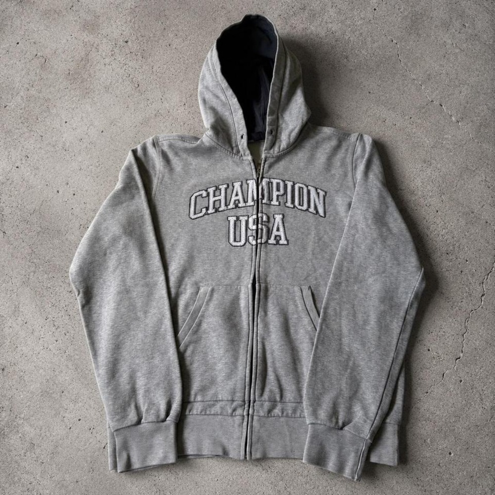 Y2K Vintage Champion USA Zip Hoodie Grey Spellout L Streetwear Sweater